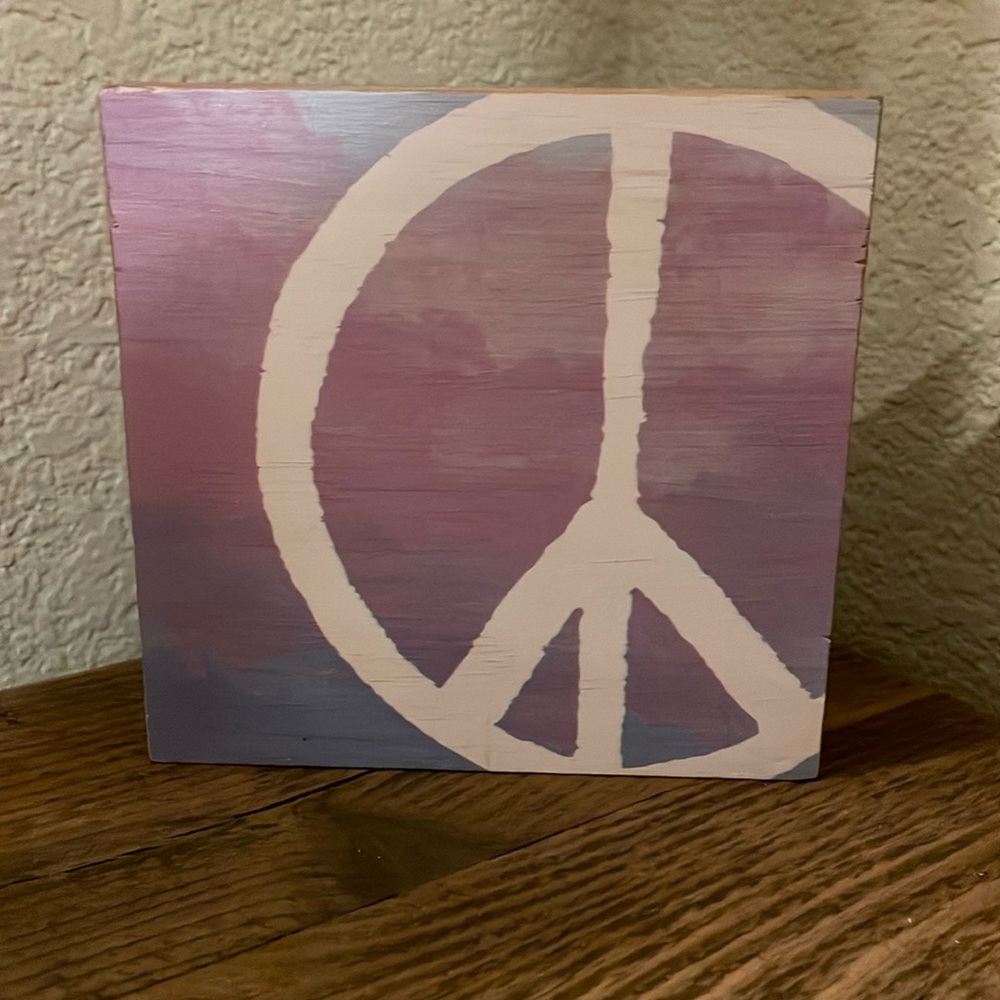 New! Painted wood block peace sign decor, 5.5”X 5.5”X 1”